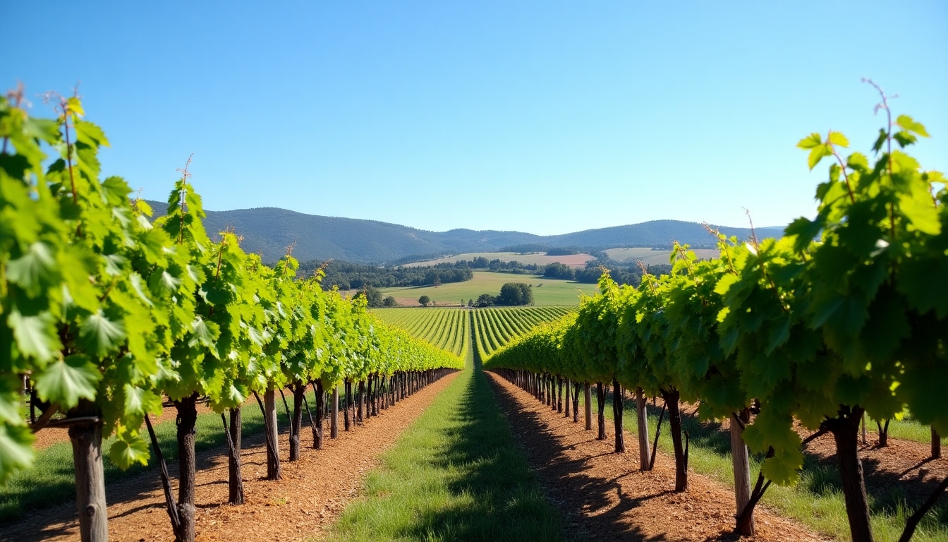 View of Jackson estates vineyard with rows of vines under a blue sky.