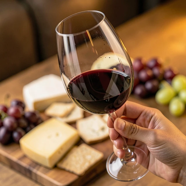 Person swirling red wine while preparing to taste with cheese board in background