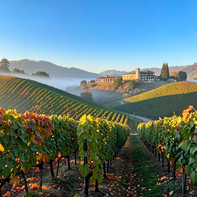Scenic autumn vineyard landscape in Sonoma County with rolling hills and winery