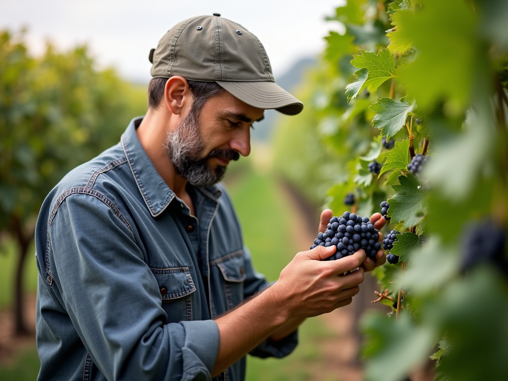Winemaker examining grapes
