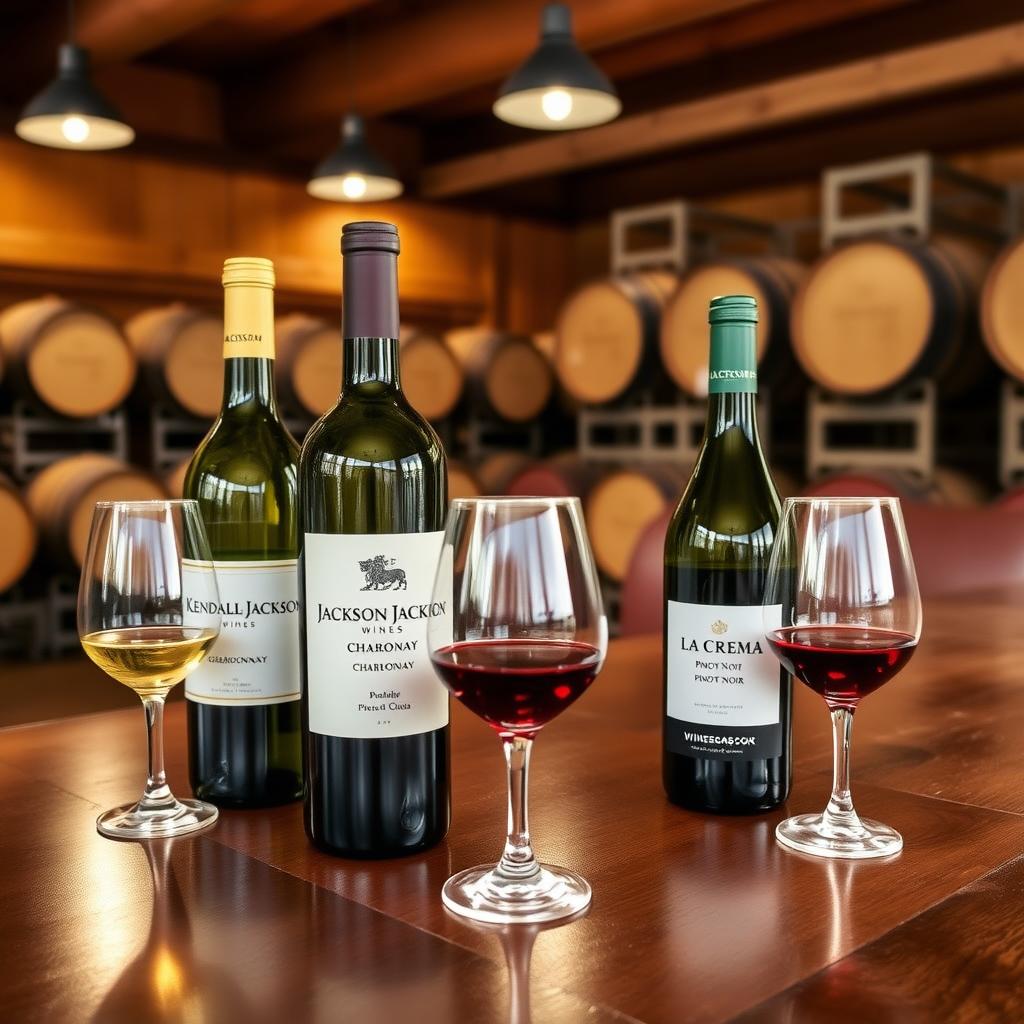 Cozy winery tasting room with Jackson Family Wines bottles and glasses on a wooden table.