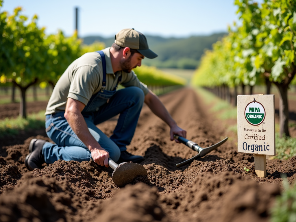 Vineyard worker tending to organic soil, showcasing sustainable winemaking practices.