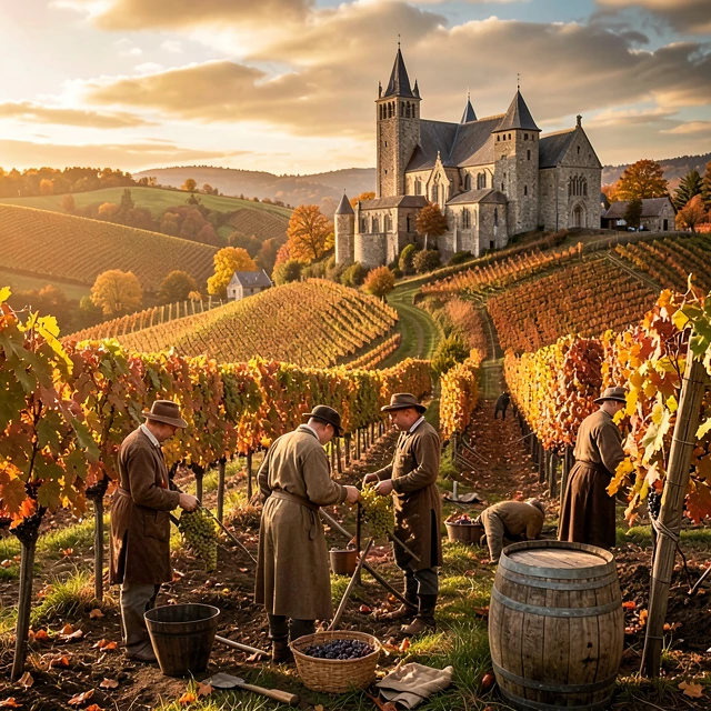 Medieval monks tending vineyards and making wine in Europe