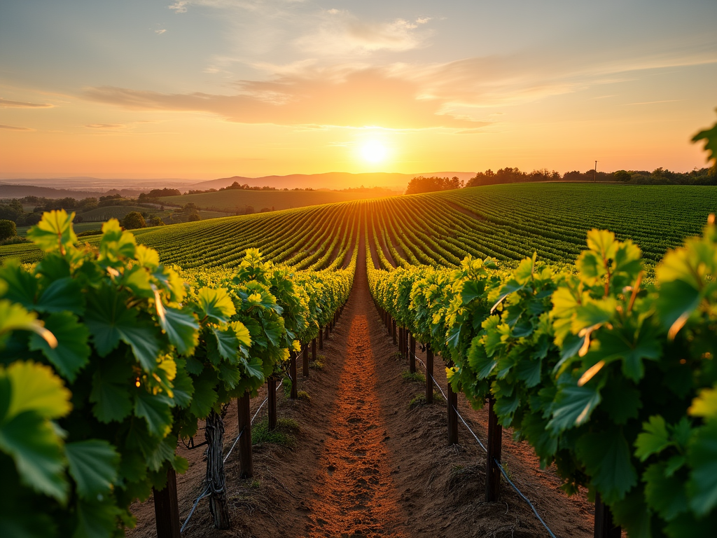 Organic vineyard at sunset