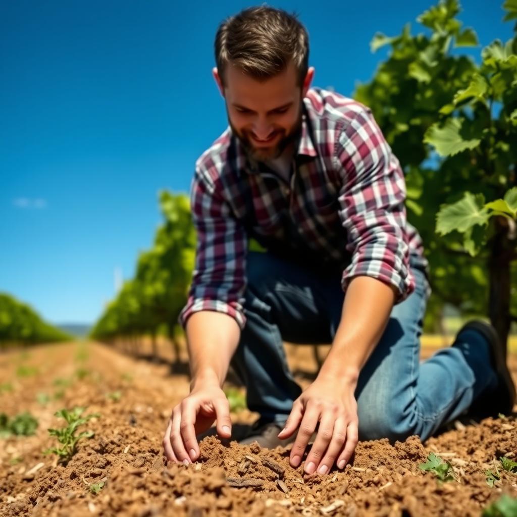 Vintner testing soil in sustainable vineyard