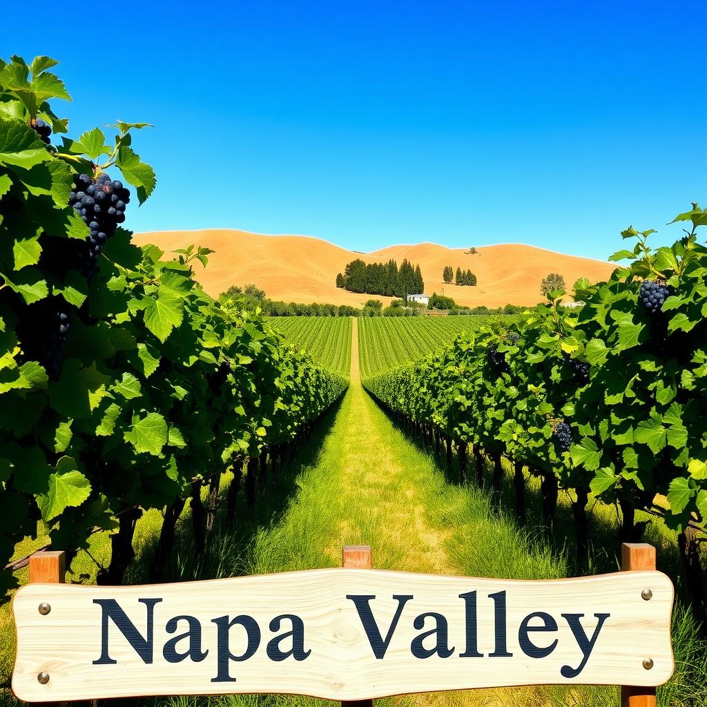 Sunlit Napa Valley vineyard with ripe grapevines and golden hills