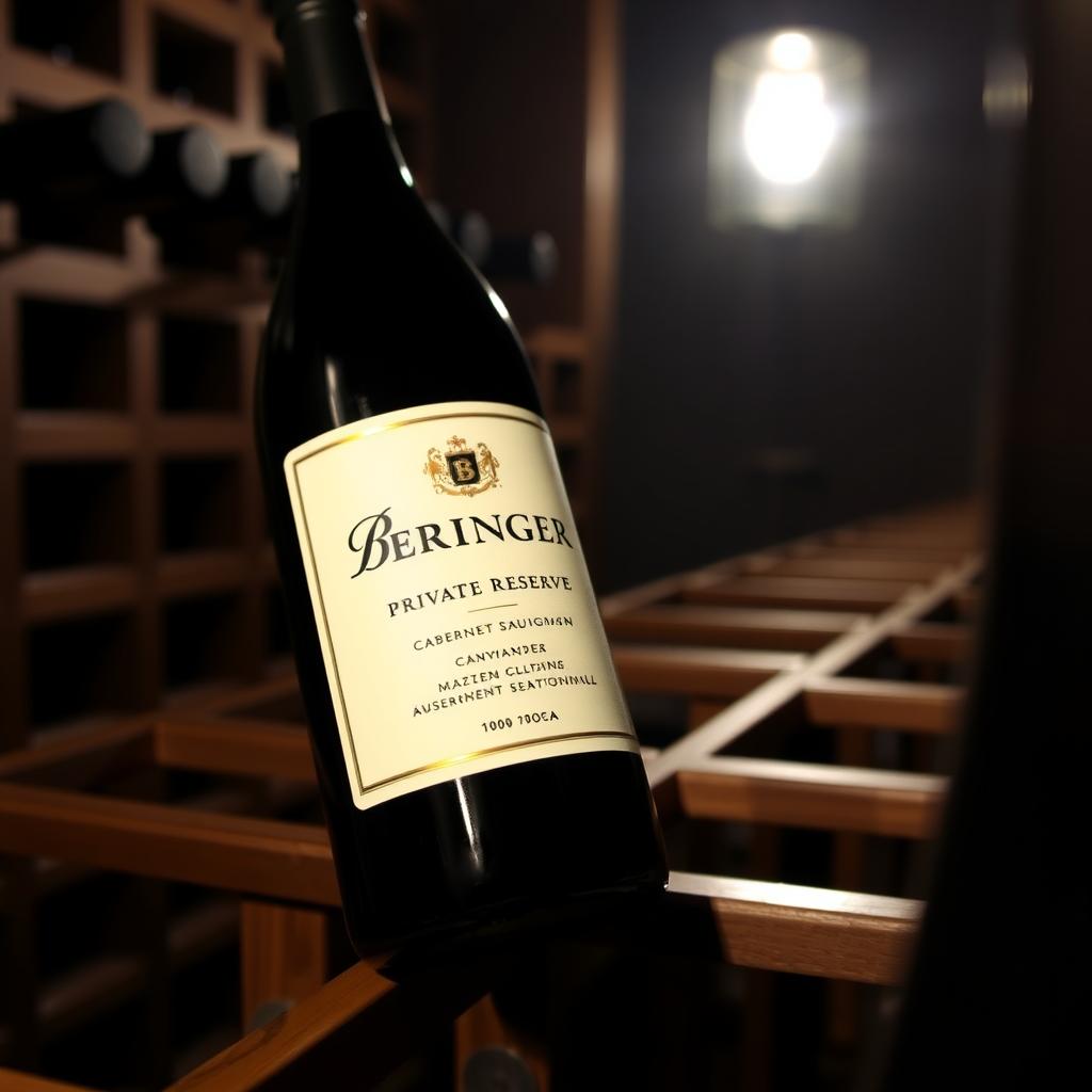 Beringer Private Reserve Cabernet Sauvignon bottle in a dimly lit cellar