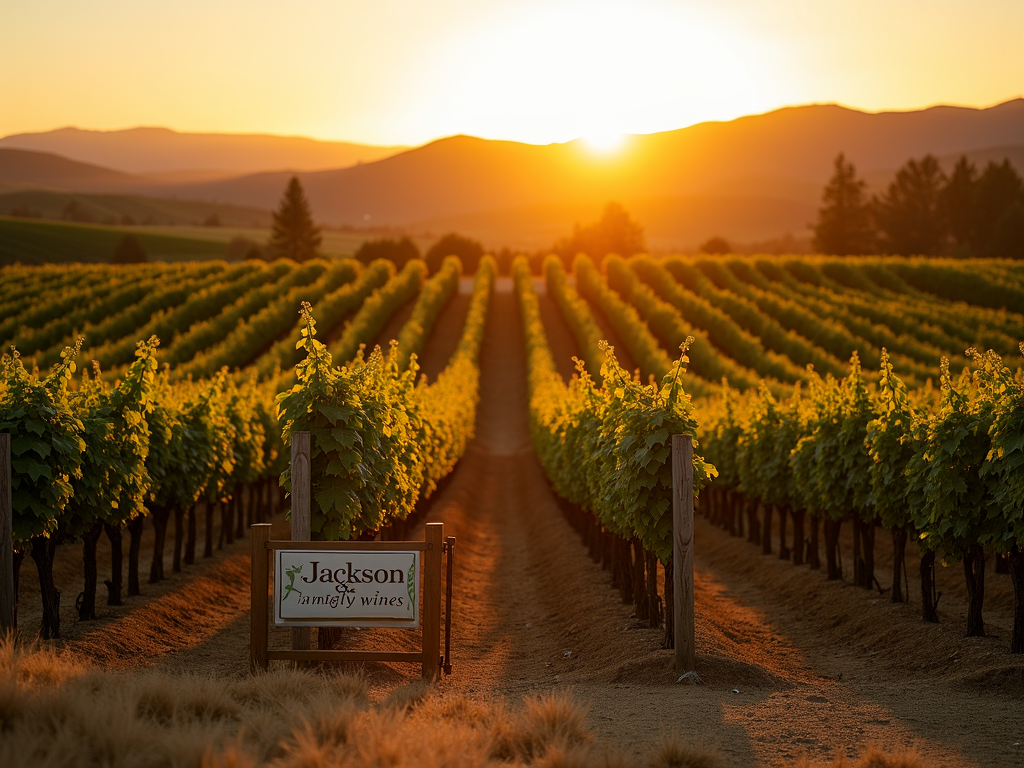 Vineyard at sunset with a 'Jackson Family Wines' sign.