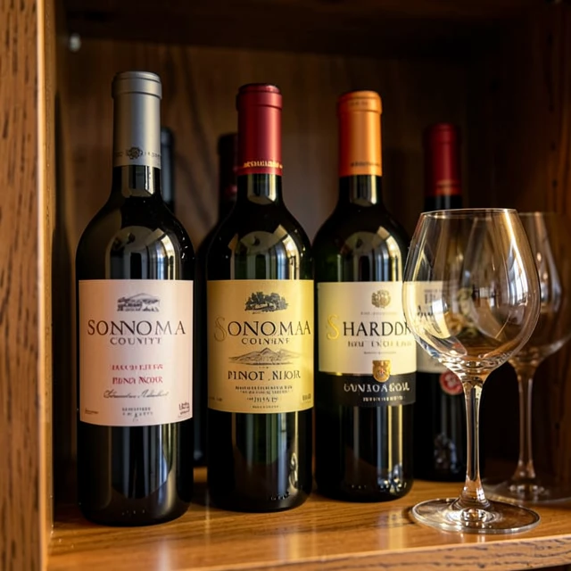 Display of premium Sonoma County wine bottles like Pinot Noir and Chardonnay on shelf