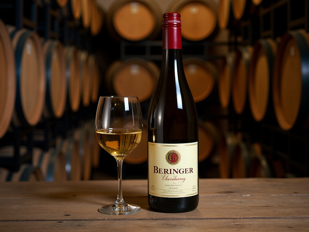 Beringer Chardonnay bottle and glass in a wine cellar