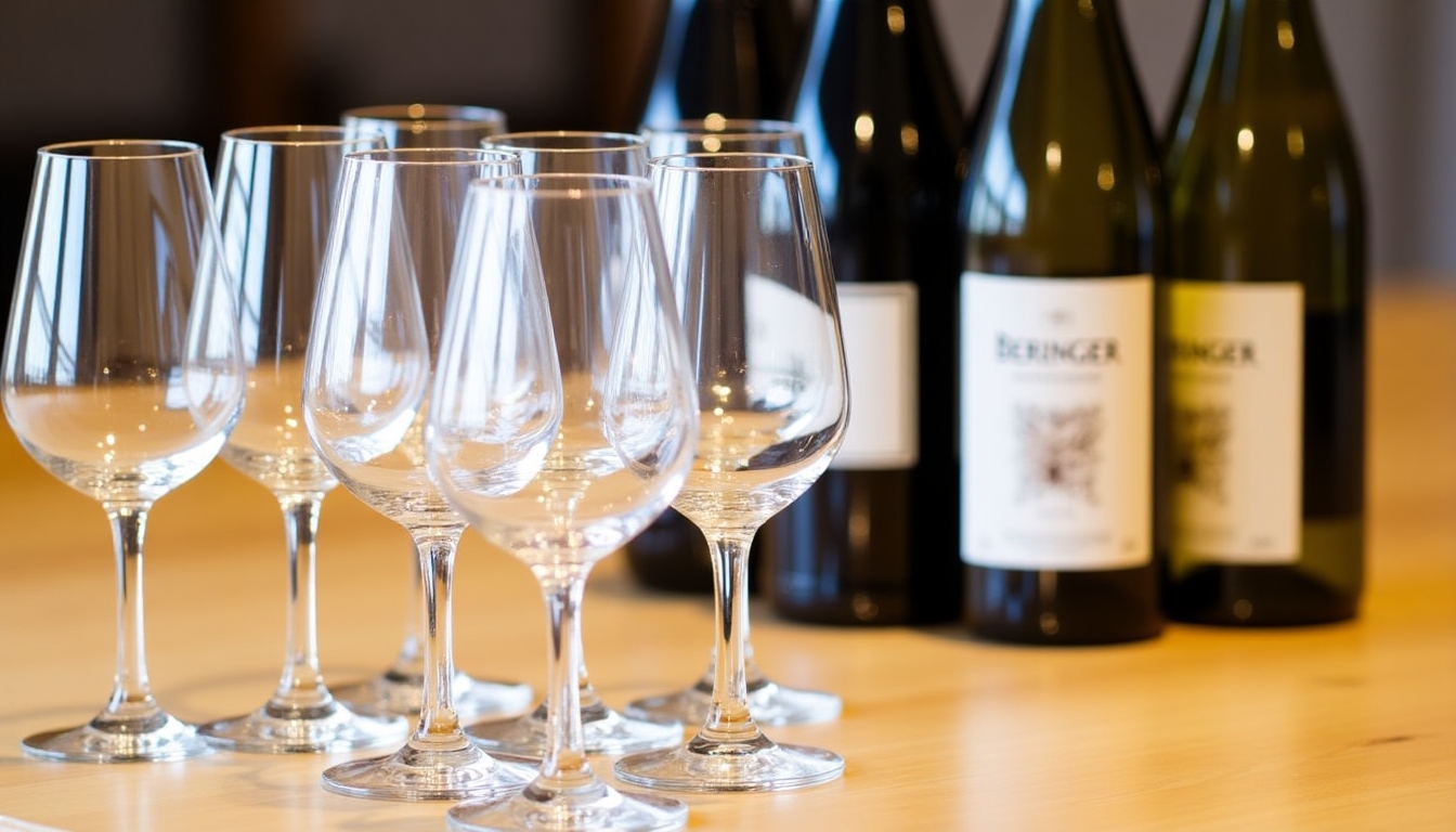 Wine tasting setup at Beringer with glasses and several bottles displayed on a rustic wooden table.