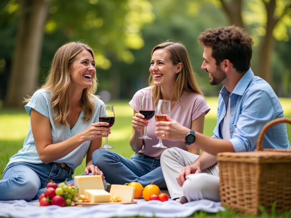 Friends enjoying wine at an outdoor picnic with assorted cheeses and fruits on a blanket.