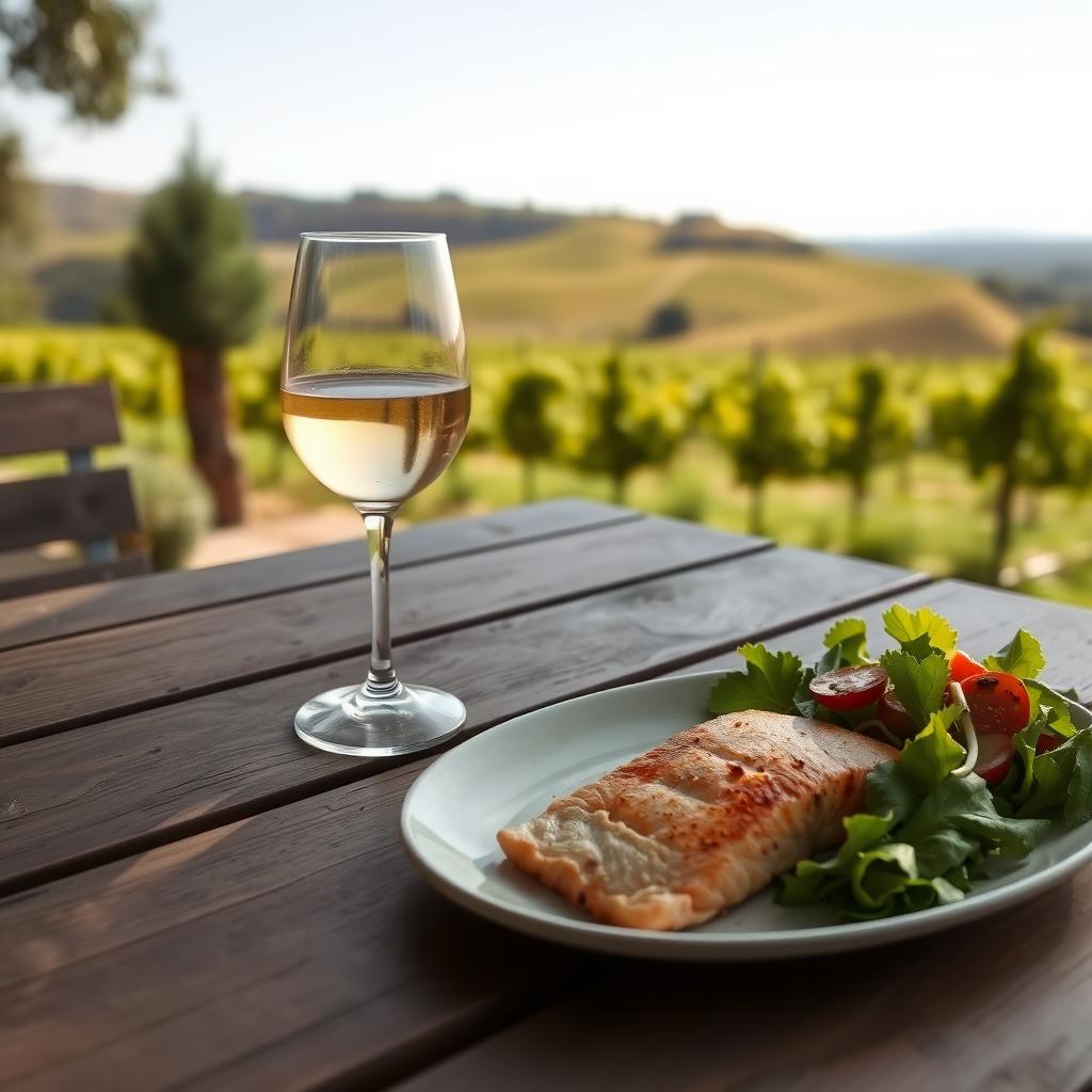 Outdoor table with Chardonnay, grilled salmon, and salad in a vineyard setting.