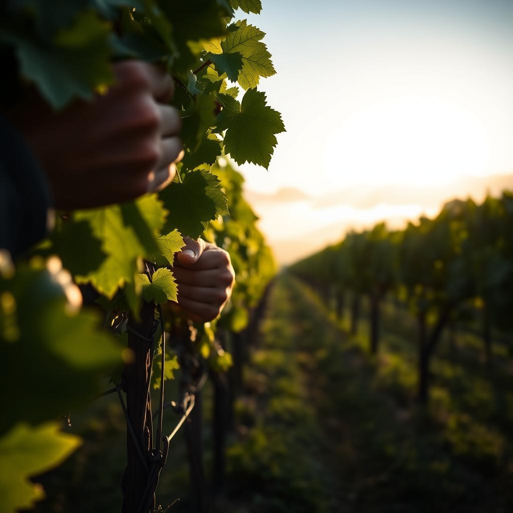 Vineyard worker pruning vines at dawn