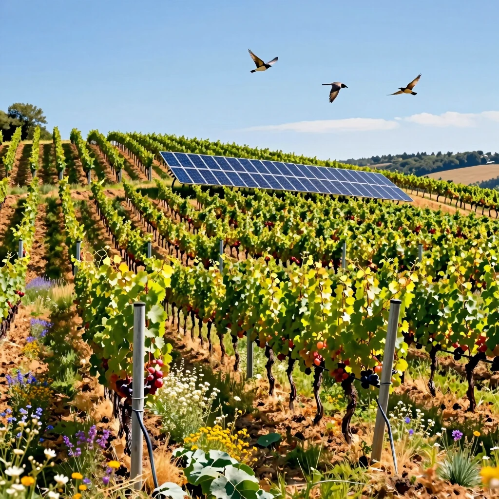 Vibrant eco-friendly vineyard showcasing sustainable farming with solar energy and biodiversity.