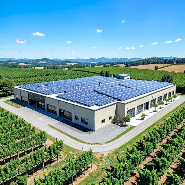 Modern winery with solar panels highlighting sustainable energy practices