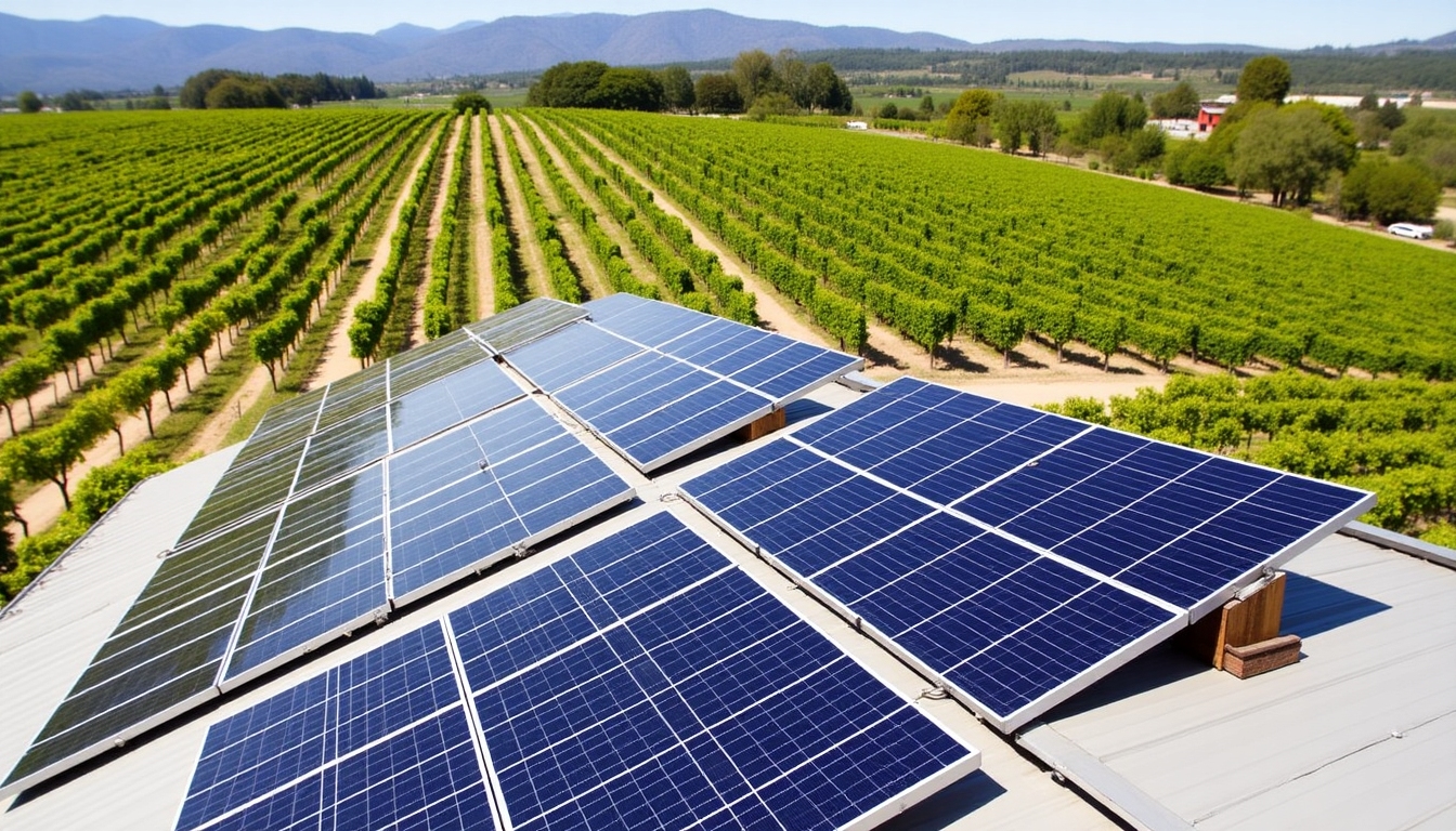 Solar panels on a winery with vineyards in the background.