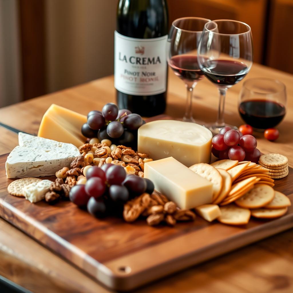 Cheese board with La Crema Pinot Noir and assorted cheeses