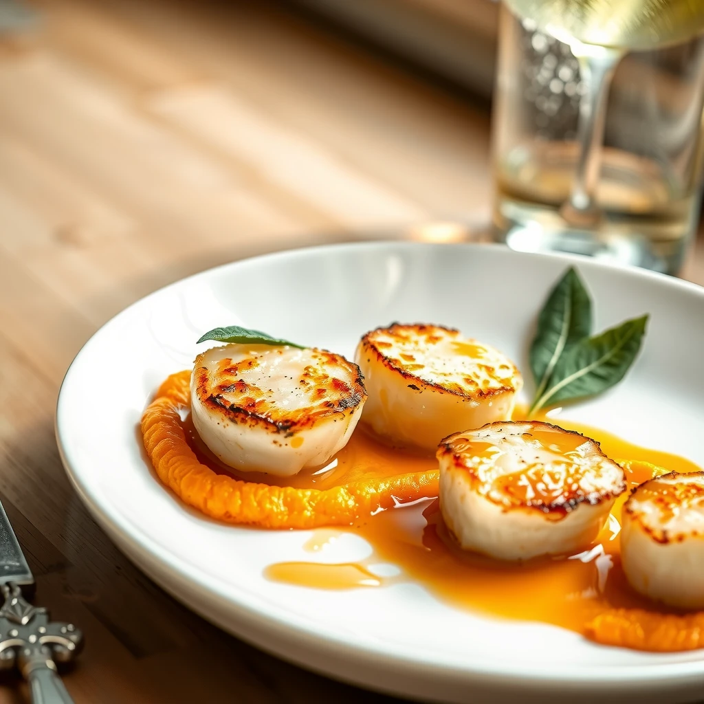 Seared scallops with butternut squash puree paired with chilled Chardonnay