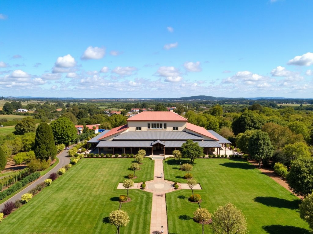 A beautiful view of the Kendall-Jackson Wine Estate and Gardens, with the tasting room and gardens in the foreground and vineyards in the background.