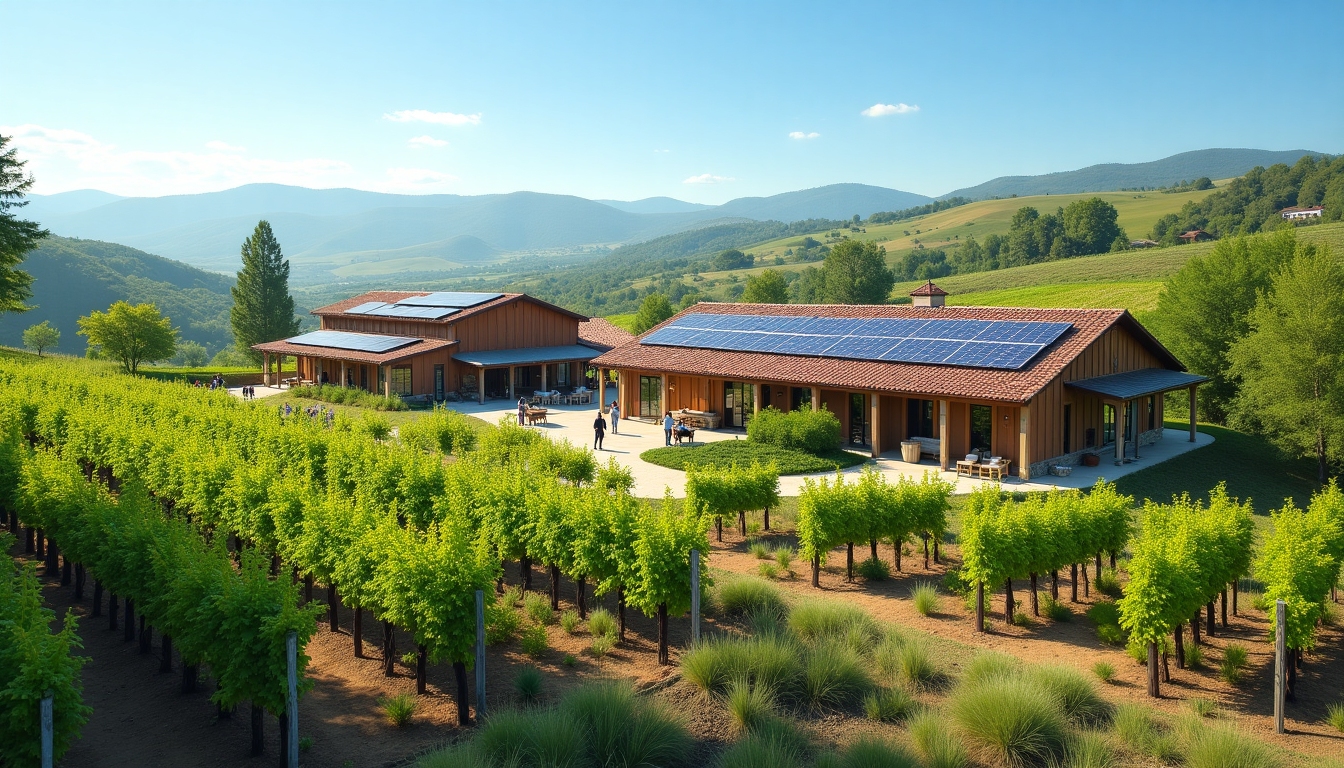 A sustainable vineyard operation with solar panels and wildlife-friendly areas.