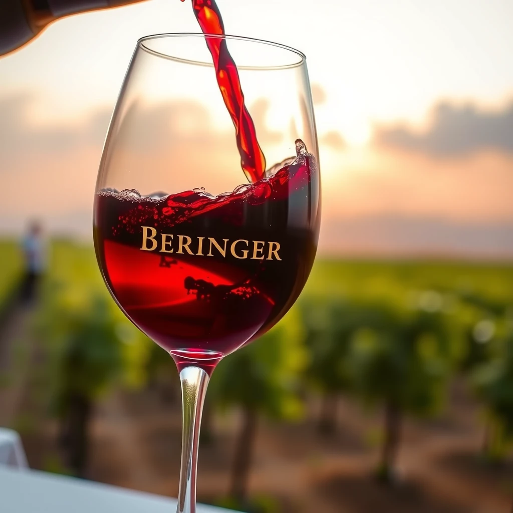 Rich pour of Beringer Merlot in a wine glass with vineyard backdrop