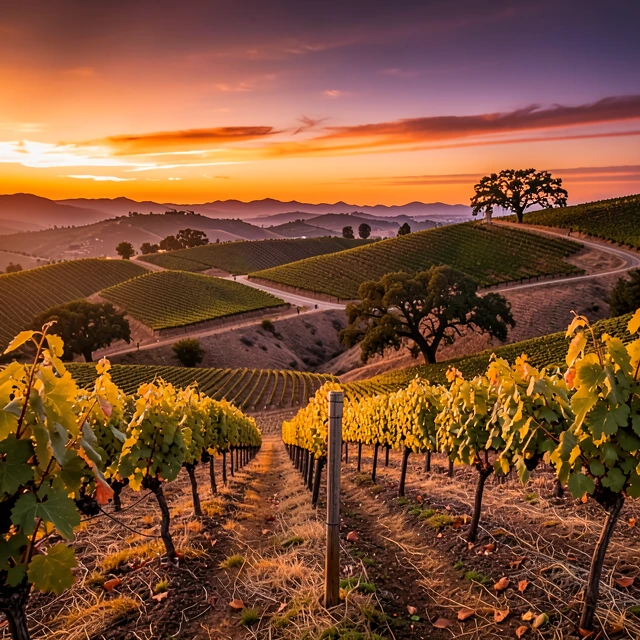 Golden hour sunset over California wine country vineyards