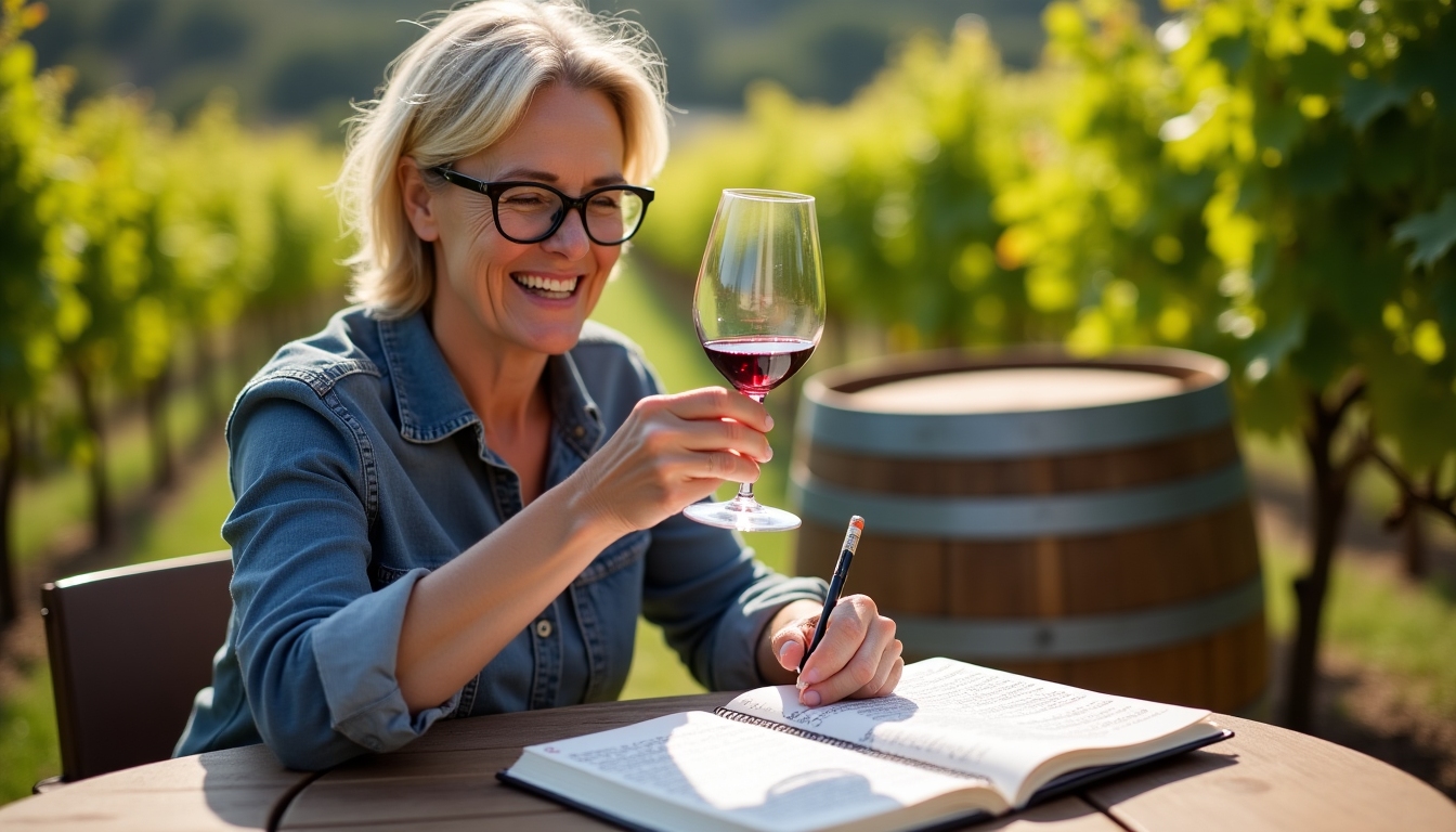 A delighted wine critic jotting notes while tasting a glass of Beringer wine.