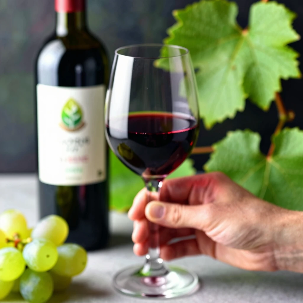 Hands holding a glass of red wine with sustainable certification labels on the bottle