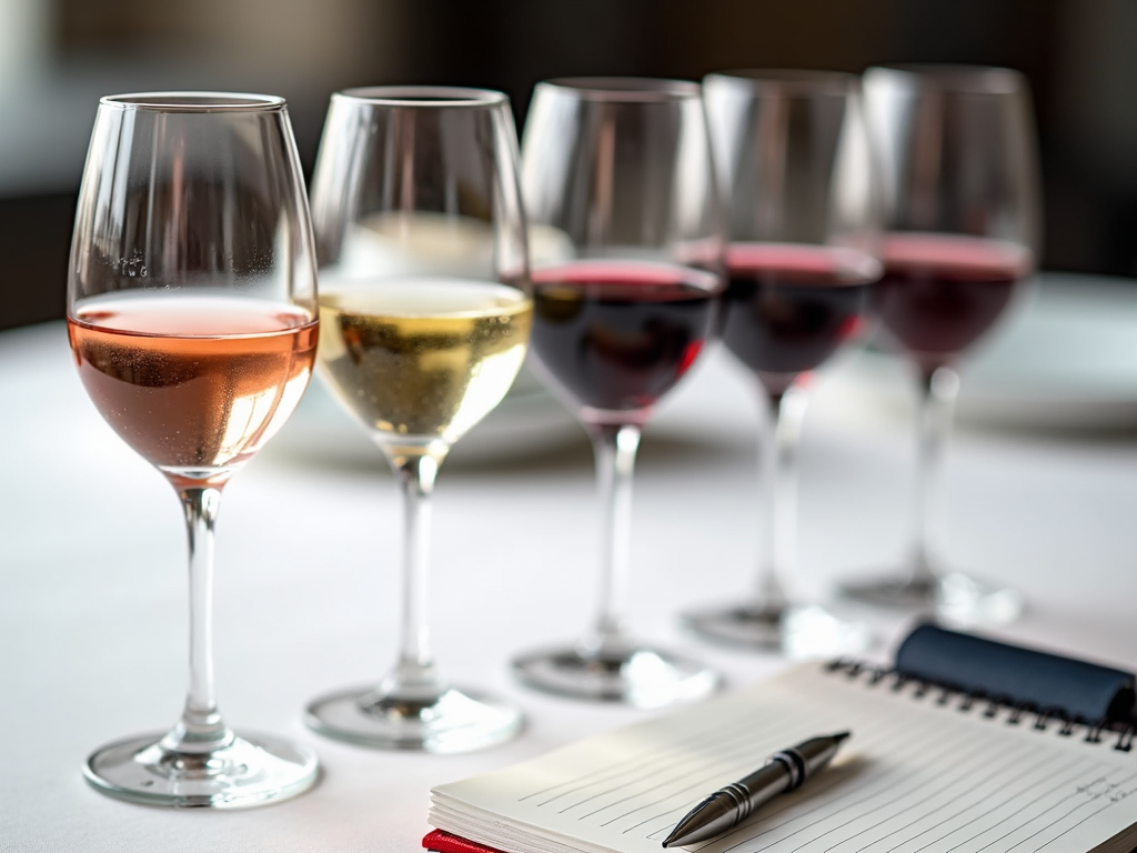 A wine tasting table with five glasses of different wines and a notebook.