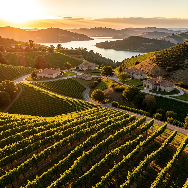 Aerial view of Napa Valley vineyards and wineries at sunset