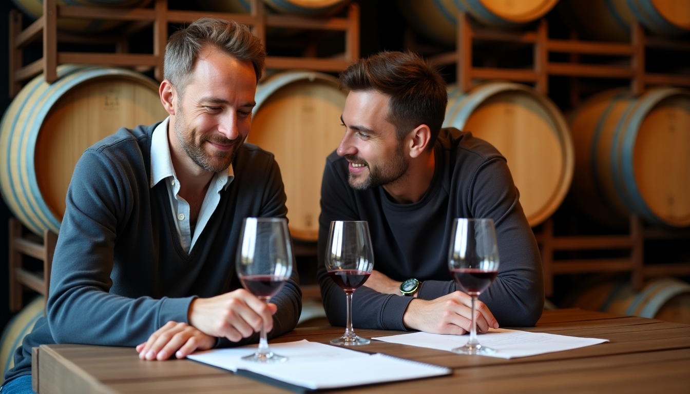 Winemakers tasting and discussing wines in a cozy tasting room.