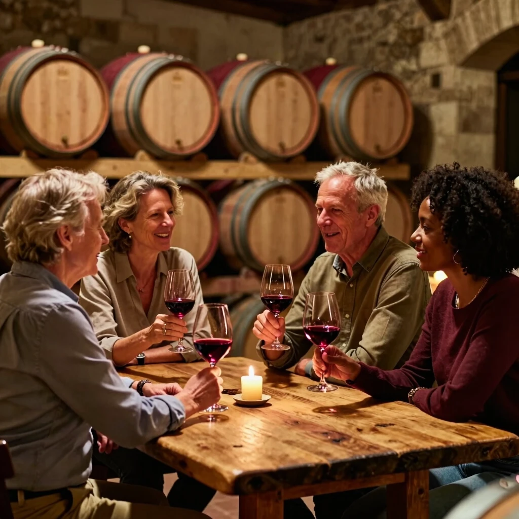 Friends enjoying a wine tasting in a Jackson Family Wines barrel room