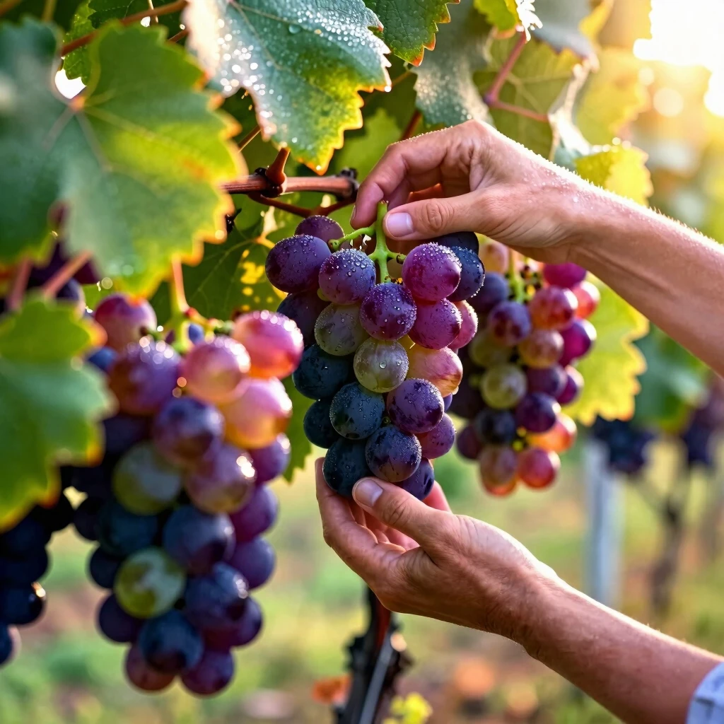 Hands harvesting ripe grapes in a sustainable organic vineyard at dawn
