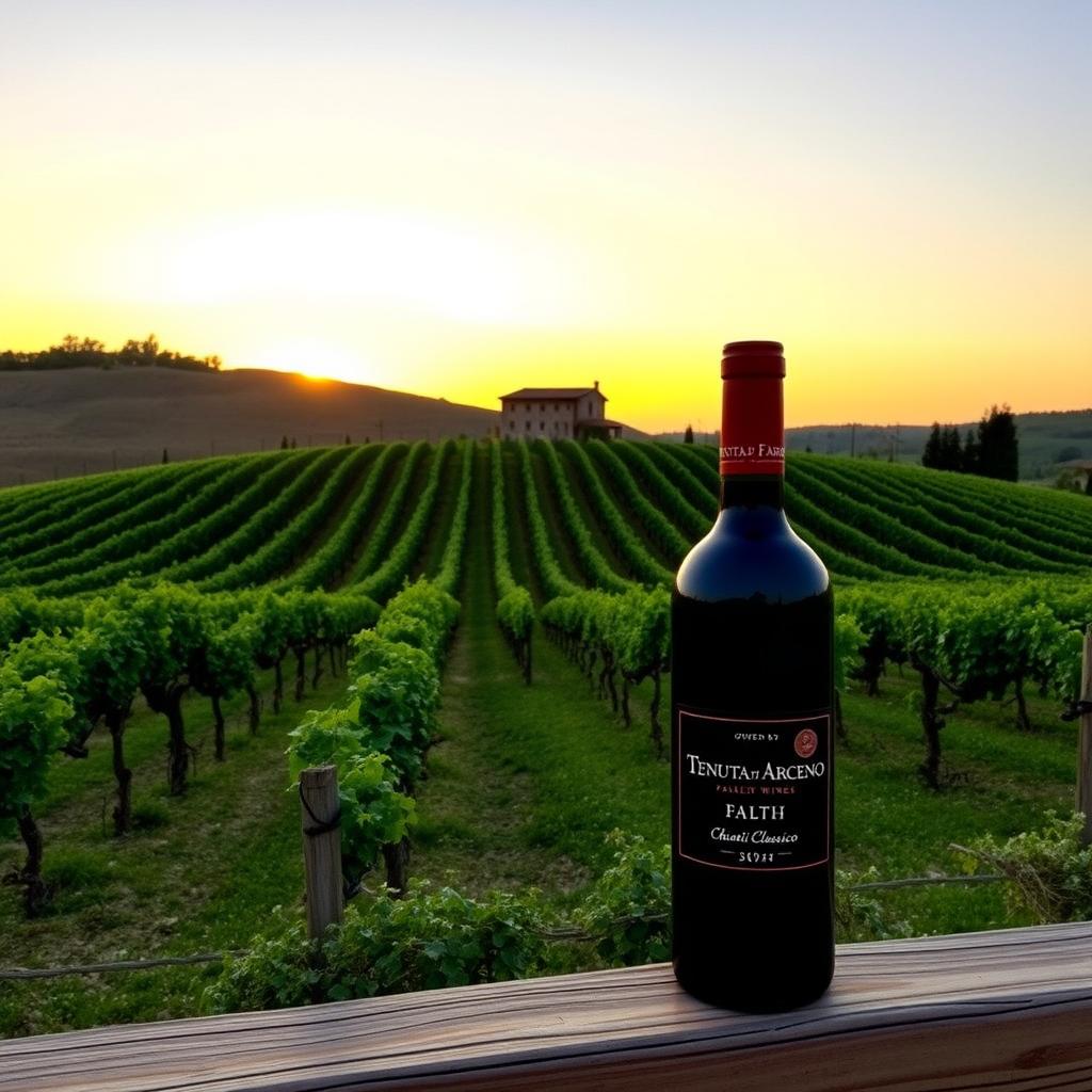 Tenuta di Arceno vineyard in Tuscany with a bottle of Chianti Classico