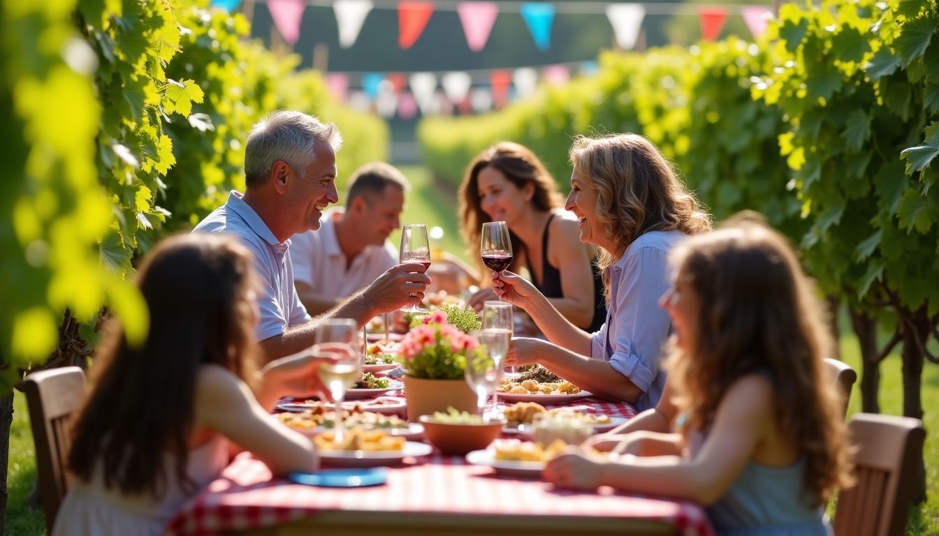 Family members of Jackson Family Wines engaged in a lively conversation at a harvest festival