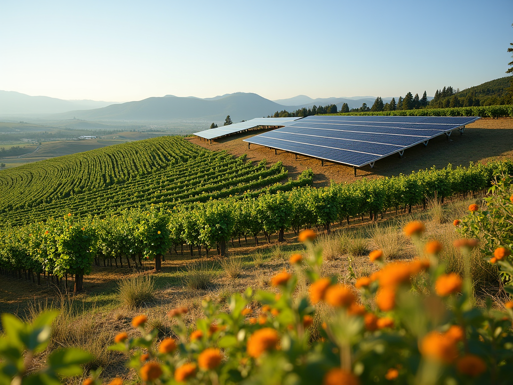 Sustainable vineyard with wildflowers and solar panels