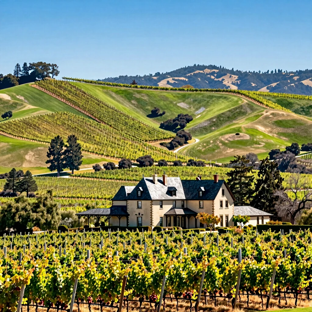Scenic view of Beringer Vineyards in Napa Valley with lush vineyards and historic building