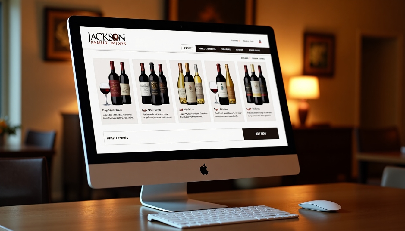 A computer screen displaying a popular online wine retailer website with a visible search bar and categories of wine, illustrating the convenience of buying wines online.