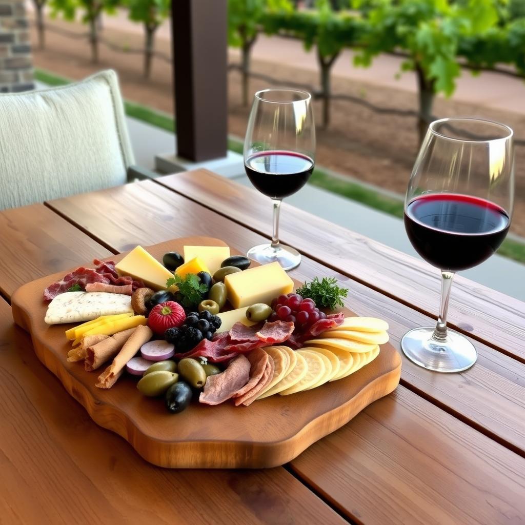 A charcuterie board with cheeses and meats on a wooden table, accompanied by two glasses of Jackson Family Wines on an outdoor patio.