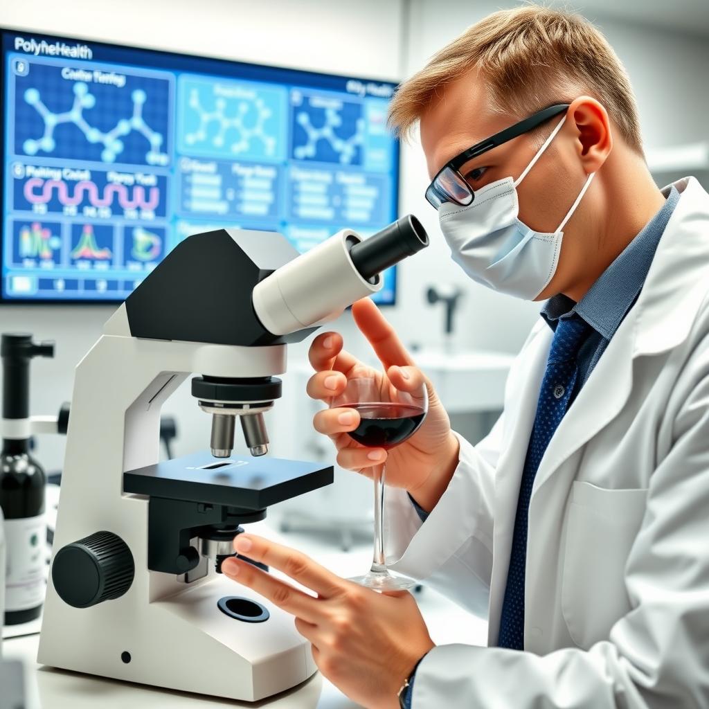 A scientist analyzing red wine in a modern laboratory with polyphenol charts on a digital screen.