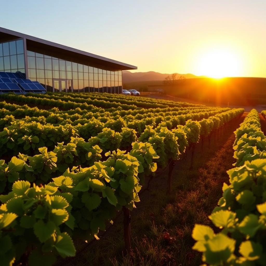 Jackson Family Wines’ organic vineyard with grapevines under a California sunset, featuring solar panels and a modern winery building.