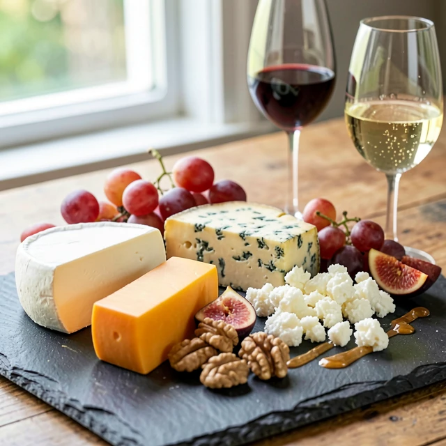 Artisanal cheese board with paired wines
