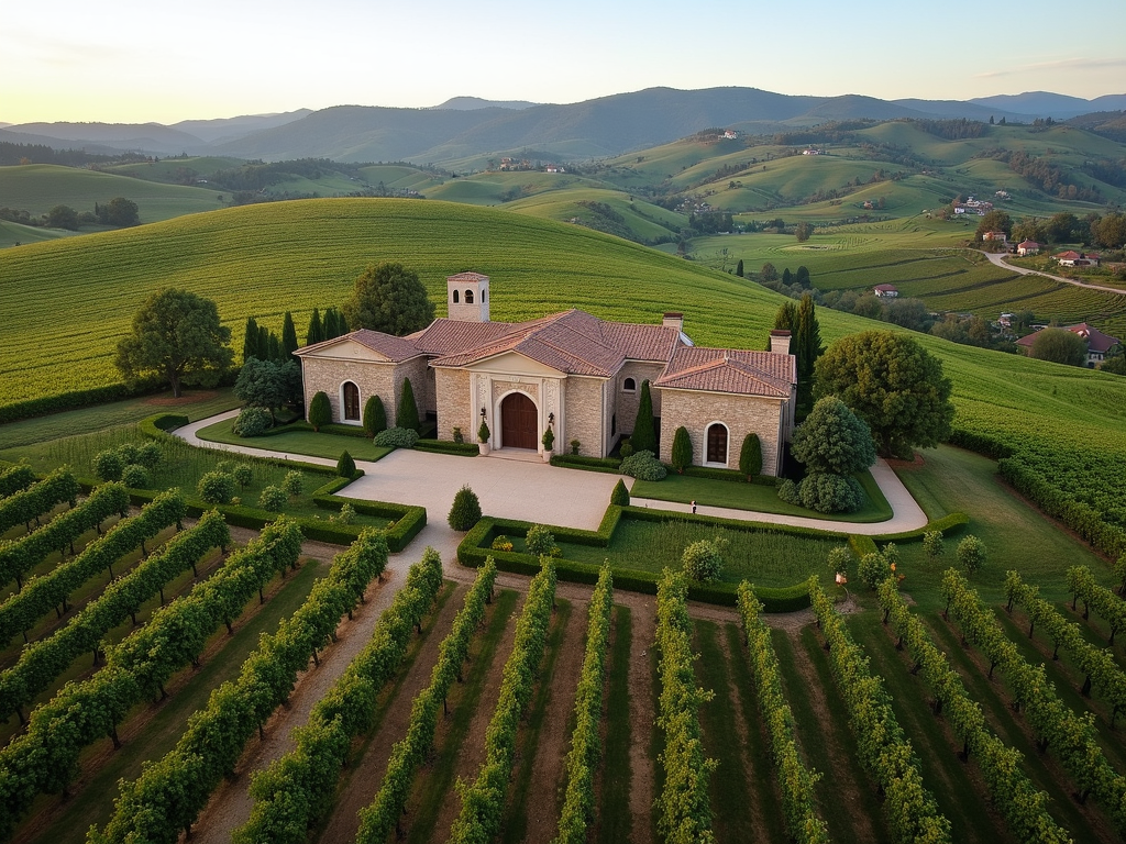 Aerial view of a Jackson Family Wines estate, blending history and nature.