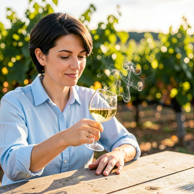 Person swirling Chardonnay in a vineyard, capturing the aroma