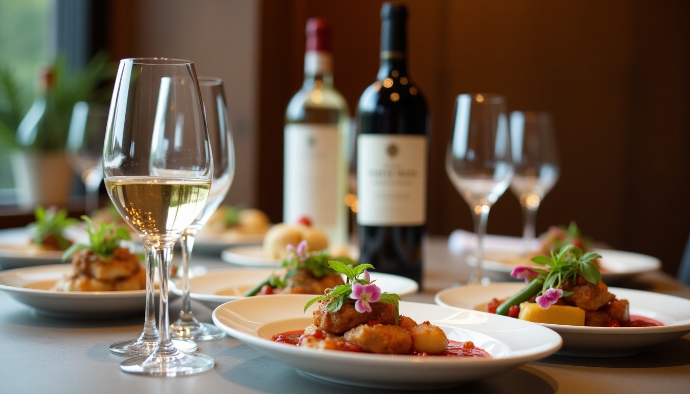 A dining table set with wines and meals.