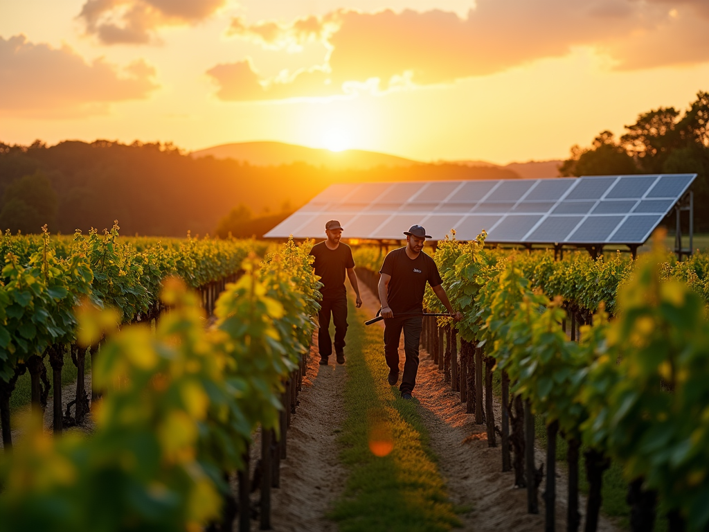 Sustainable vineyard with solar panels at sunrise