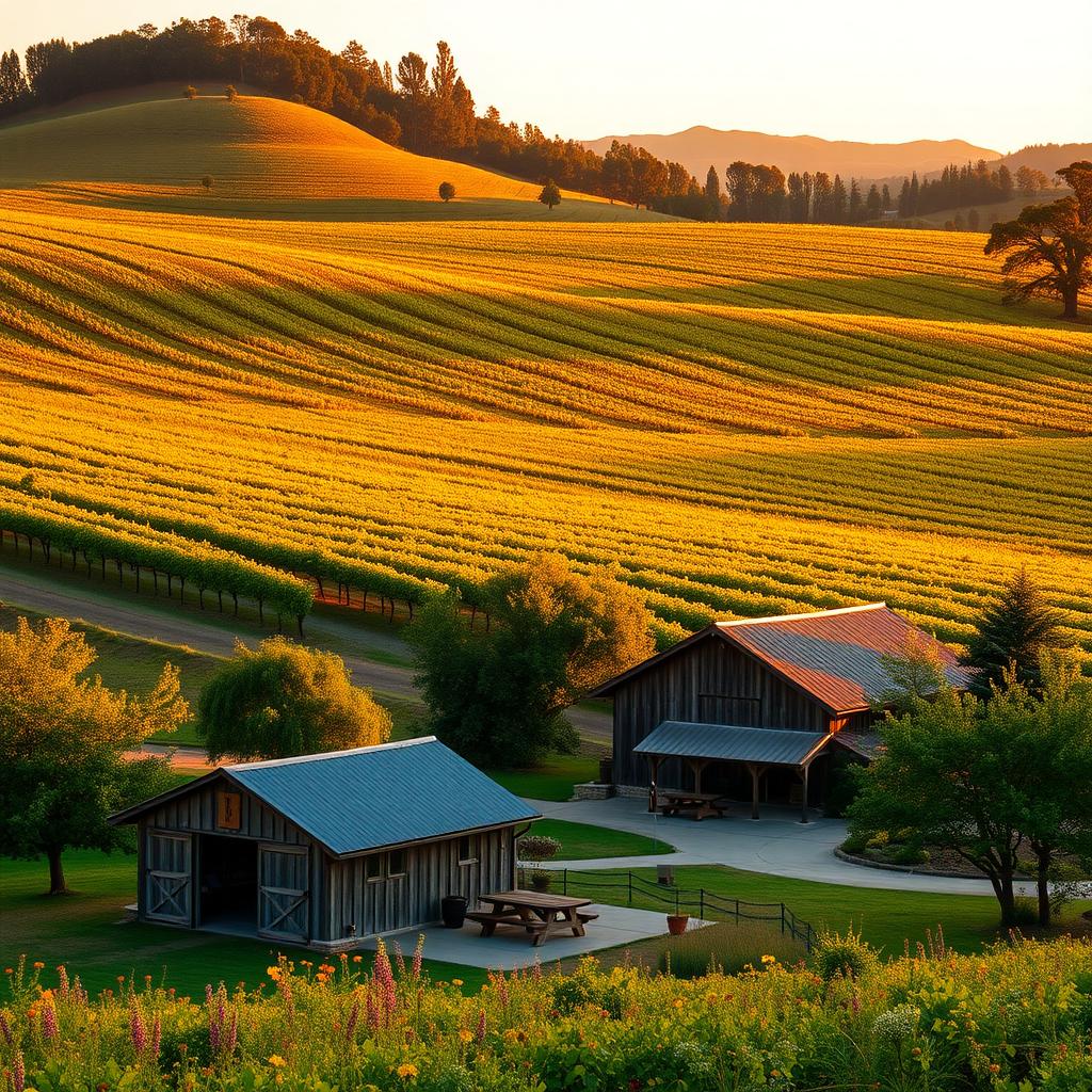 Rustic Sonoma County vineyard with a family-owned winery at golden hour
