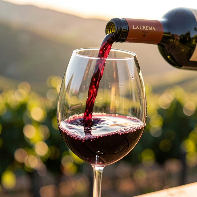 Elegant glass of La Crema Pinot Noir wine being poured