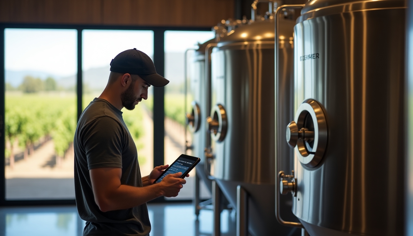 Winery worker using technology to monitor weather